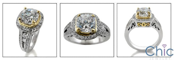 Engagement 1.25 Round Center Two Tone Halo Pave Cubic Zirconia Cz Ring