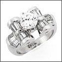 Cubic Zirconia Engagement Ring Round 1 Carat Center Channel Set Baguettes 14k White Gold