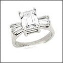 3 Carat Emerald Cut Cubic Zirconia Center Tapered Baguettes Engagement 14K White Gold Ring