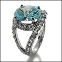 Oval 4 Ct Light Blue Cubic Zirconia Ring Halo Pave Set Sides 14k White Gold