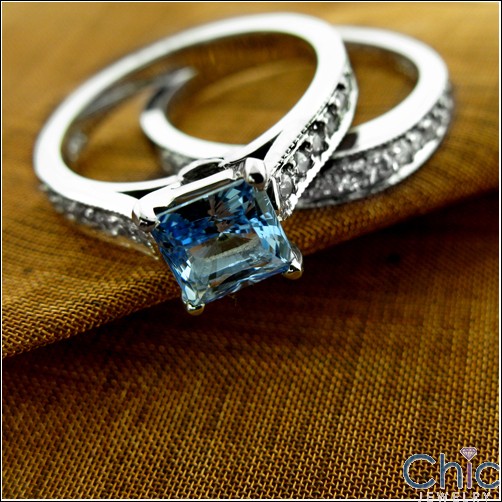 Engagement Aqua Color Asscher Pave Cubic Zirconia Cz Ring