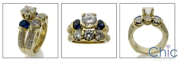 Matching Engagement Ring Set Round Cubic Zirconia and Sapphire Sides 14K Yellow gold