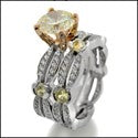 Matching Set 1.5 Light Canary Center In RoSe Gold Prongs Pave Eternity Cubic Zirconia Cz Ring