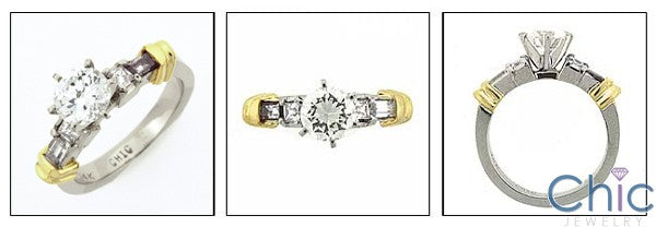 Engagement 1 Round Center Two Tone Yellow Gold Bars Cubic Zirconia Cz Ring