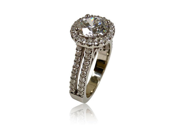 2 Carat Round Cubic Zirconia Halo style pave set engagement ring 14k white gold