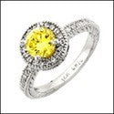 Engagement Canary Round In Halo Engraved shank Cubic Zirconia Cz Ring