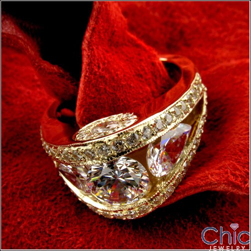 Estate Round Pear Channel Yellow Gold Cubic Zirconia Cz Ring