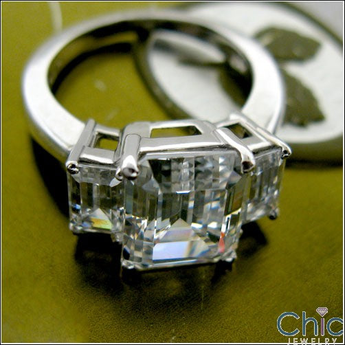 3 Stone 4 Ct Emerald Cut Center 1 Ct Sides Cubic Zirconia 14k White Gold Ring