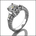 Engagement 1 Ct Round Tapered Baguettes in Channel Engraved Shank Cubic Zirconia Cz Ring