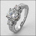 3 Stone Cubic Zirconia Ring 1.5 Round Center .25 Round  Sides Engraved Shank 14k White Gold