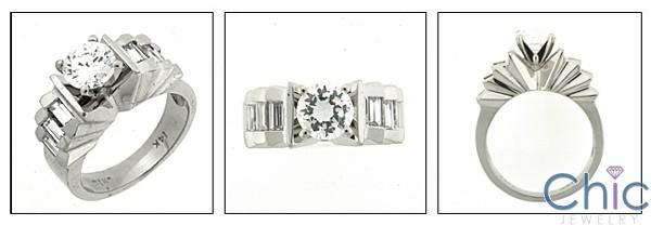 .75 Round CZ Center  Baguette Channel Cubic Zirconia Engagement Ring 14K White Gold
