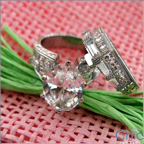High Quality Cubic Zirconia 6 Carat Oval Stone Hand Engraved Shank Matching Ring Set