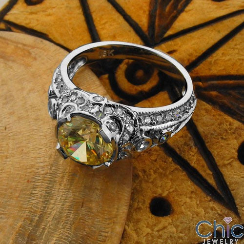 Estate 2.0 Ct Round Canary Bezel Pave Cubic Zirconia Cz Ring
