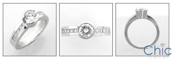 Round .60 Carat Cubic Zirconia Half Bezel Channel Sides Engagement Ring 14k White Gold