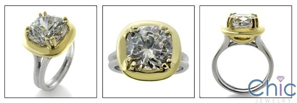 Solitaire 4 Carat Cushion Cubic Zirconia Two Tone Solid 14K Gold Ring