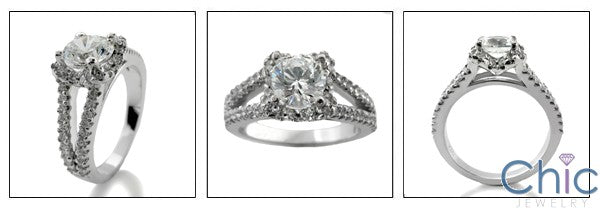 Engagement .85 Round Center Split Shank Pave Set Cubic Zirconia 14K W Gold Ring