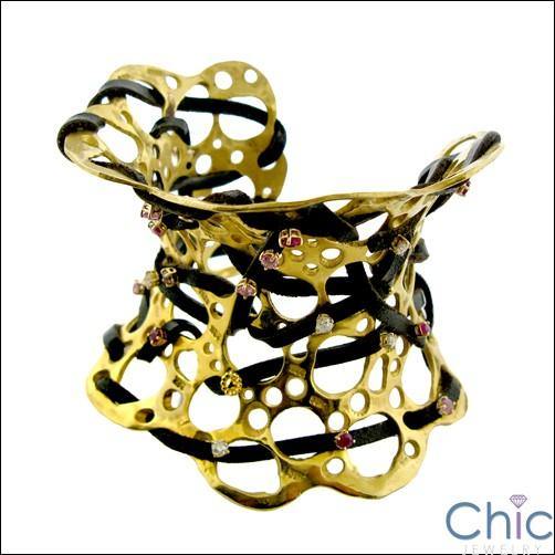 18K Yellow Gold Cuff Cubic Zirconia CZ Bracelet