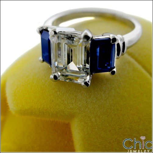 3 Stone Cubic Zirconia Ring 2 Carat Emerald Cut Center Sapphire Color Emerald Shape Sides 14K White Gold