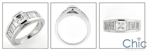 .60 Carat Cubic Zirconia Princess Channel Center Baguettes 14K White Engagement Ring