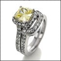 Matching Set 1.25 Canary Cushion Halo Curved Pave Cubic Zirconia Cz Ring