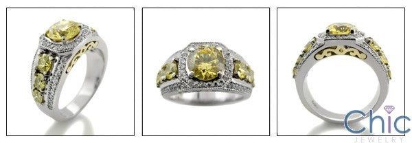 Anniversary 1.5 Carat Round Canary CZ Center Pave Halo Cubic Zirconia Two Tone 14K Gold Ring