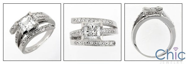 Engagement 1.25 Princess Center Rows of Pave Cubic Zirconia Cz Ring