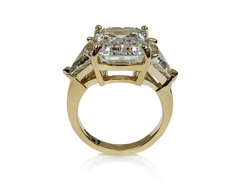 7 Carat Emerald cut Highest Quality Cubic Zirconia 3 stone ring with trillion 14K Yellow Gold