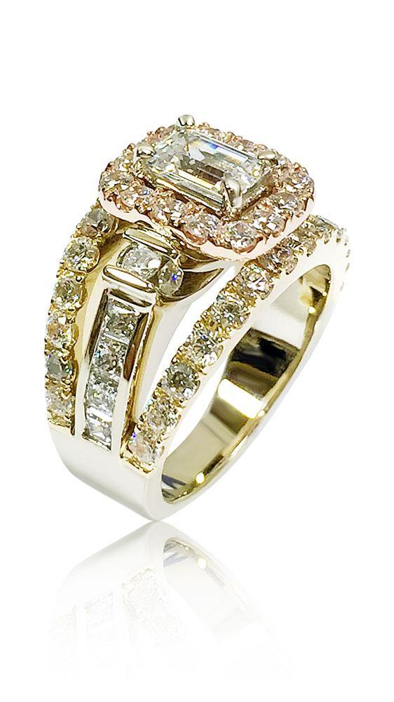 .75 CZ Emerald Cut Halo Style Split Shank Pink Yellow and White Gold 14K Engagement Ring