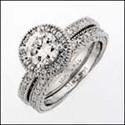 1 Ct Round Cubic Zirconia Engagement Ring Halo Pave Engraved Shank with Matching Cz Wedding Band 14K Gold