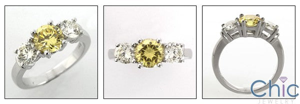 3 Stone Cubic Zirconia Ring 1 Carat Round Yellow Center Diamond Cz Sides 14K White Gold