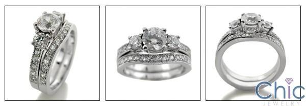 .65 Round Cubic Zirconia Center 3 Stone Engagement ring with  Pave Curved CZ Band 14K White Gold