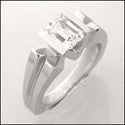 Solitaire Cubic Zirconia Emerald Cut 1 Carat Channel Euro Shank Ring 14k White Gold
