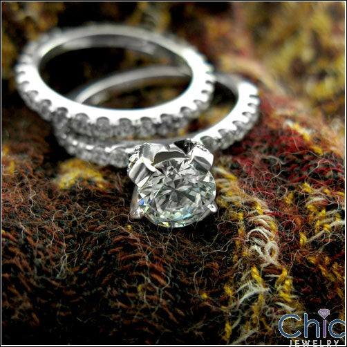 Engagement CZ 1 Ct Round Center Pave Half Way Cubic Zirconia on the sides 14K W Gold Ring
