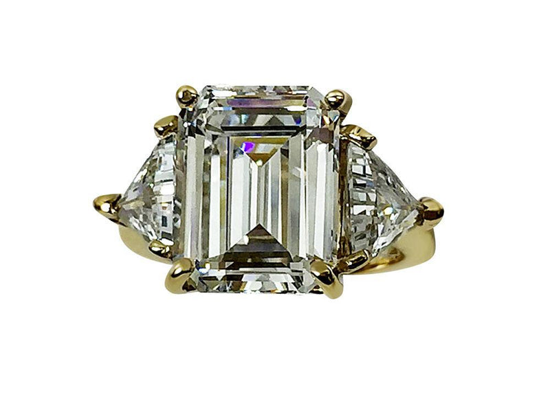 7 Carat Emerald cut Highest Quality Cubic Zirconia 3 stone ring with trillion 14K Yellow Gold