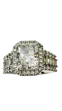 High Quality cubic zirconia Radiant Cut Engagement Ring with baguettes and round stones 14k White Gold