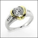 Cubic Zirconia Cz Engagement Ring 1 Carat Round Two Tone Gold Half Bezel Center