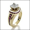Round 1 Ct Center Ruby channeled Halo Cubic Zirconia Yellow Gold Ring