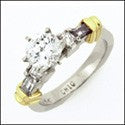 Engagement 1 Round Center Two Tone Yellow Gold Bars Cubic Zirconia Cz Ring