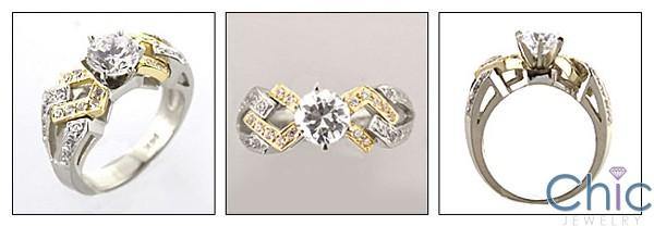 .75 Round in Two Tone Gold Pave Set Cubic Zirconia Engagement Ring