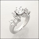 Cubic Zirconia 1 Carat Round Engagement Ring Marquise Baguettes 14K White Gold
