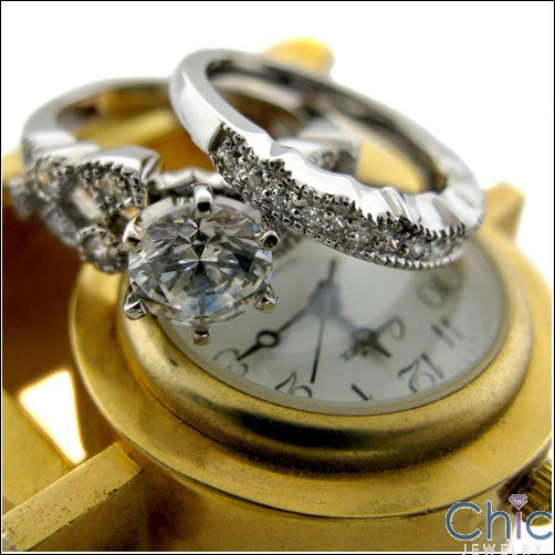 Matching Set 1.25 Round Center Bezel Ct Pave Wedding Cubic Zirconia Cz Ring