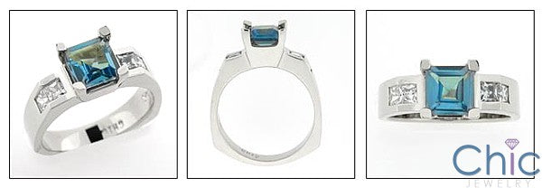 Aquamarine Square Cubic Zirconia 14K White Gold Ring