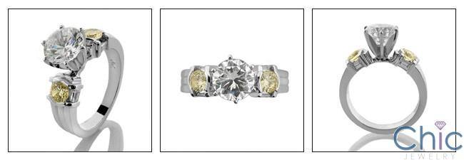 1.5 Round Center Canary Sides Stones Cubic Zirconia 3 Stone Ring 14k White Gold
