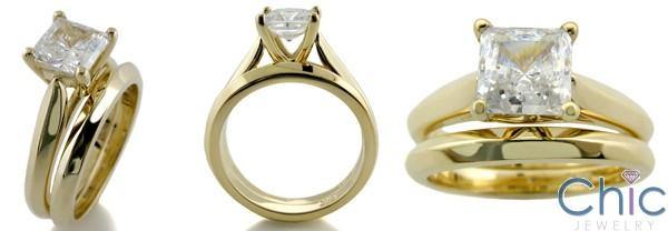 1 Ct Princess Cubic Zirconia Solitaire Ring Wedding  Band Set Solid 14K Gold