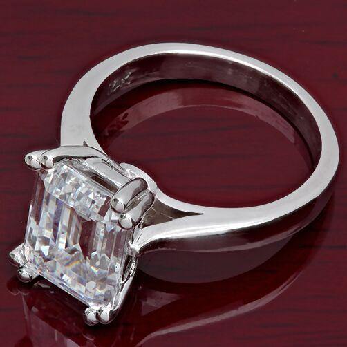 4 Carat Emerald Cut Cubic Zirconia Double Wire Solitaire Ring 14k White Gold