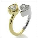 Anniversary Two Heart Shape Cubic Zirconia Stones in Bezel 14K Tone Tone Gold Ring