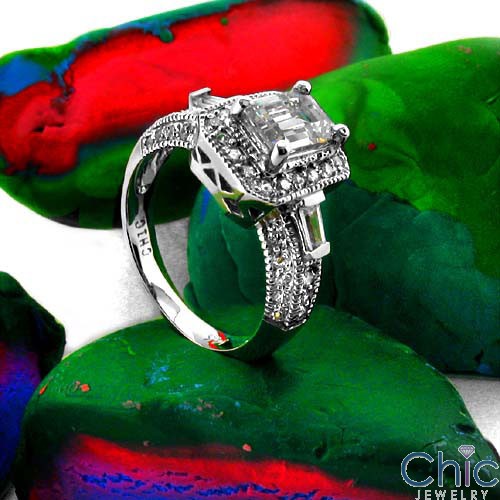 Estate Emerald 1 Ct Pave Ct Baguettes in channel Antique style Cubic Zirconia Cz Ring