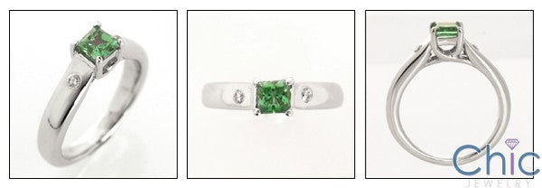 Solitaire .40 Emerald Color Princess Lucida Style Cubic Zirconia 14K White Gold Ring