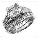 2.5 Asscher Cubic Zirconia Center Engagement Ring Fitted Pave Cz Band 14K W Gold