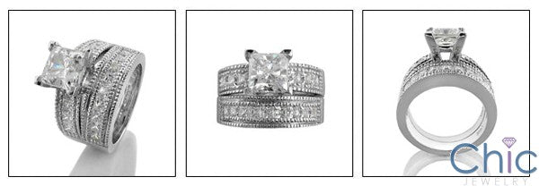 2 Carat Cubic Zirconia Princess Matching Engagement Ring With Channel Set CZ Band 14K White Gold